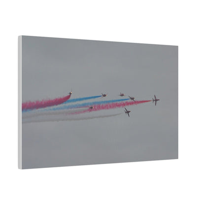 Seven Red Arrows Flying From The Left In Formation With slight Angles And With Blue, White And Red Smoke Close To Each Other, Matte Canvas, Stretched, 0.75" - The Trio Synergize Group