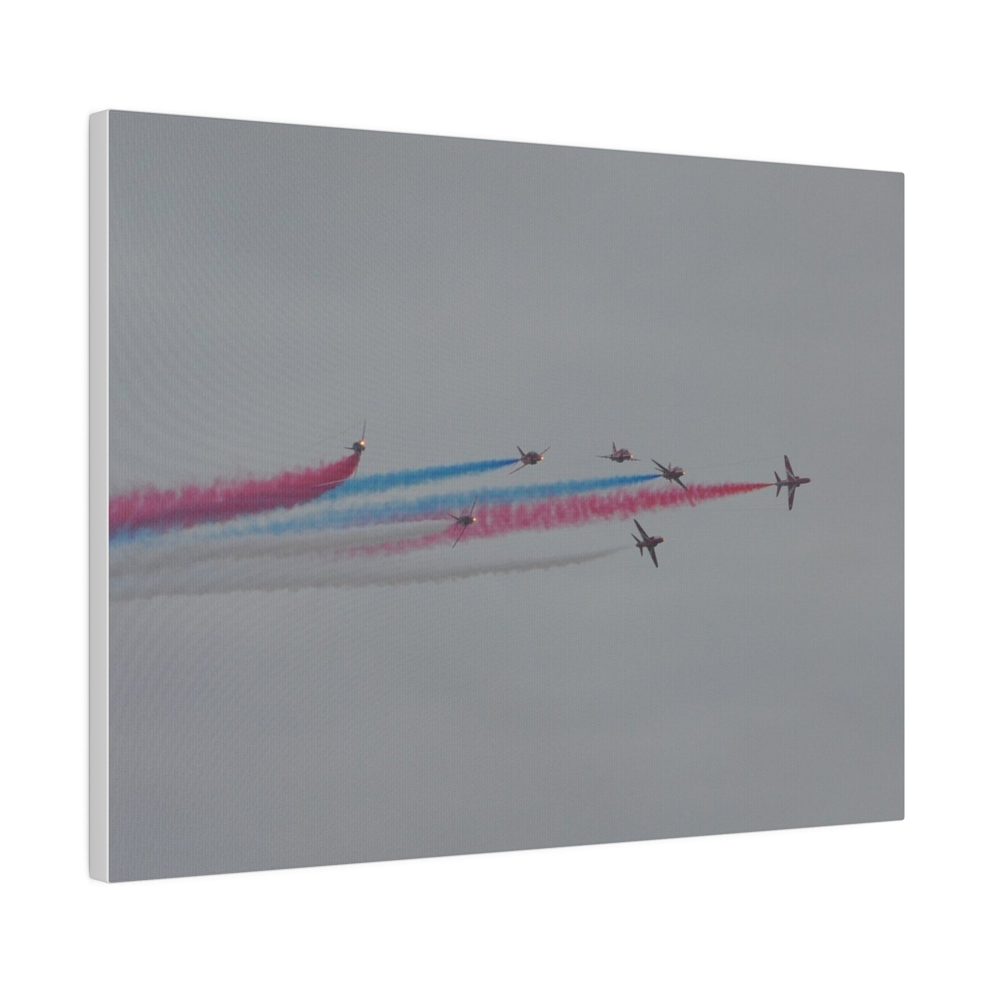 Seven Red Arrows Flying From The Left In Formation With slight Angles And With Blue, White And Red Smoke Close To Each Other, Matte Canvas, Stretched, 0.75" - The Trio Synergize Group