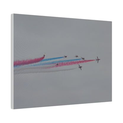Seven Red Arrows Flying From The Left In Formation With slight Angles And With Blue, White And Red Smoke Close To Each Other, Matte Canvas, Stretched, 0.75" - The Trio Synergize Group