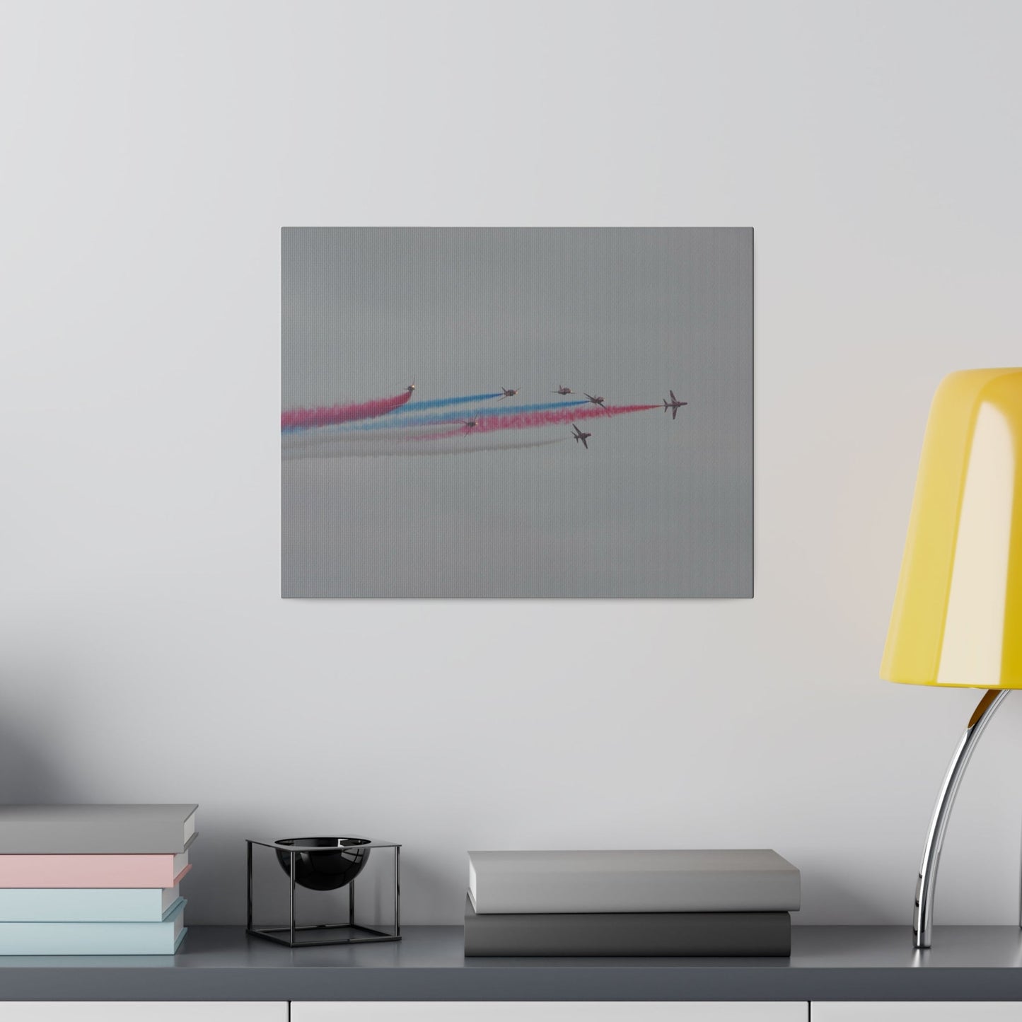 Seven Red Arrows Flying From The Left In Formation With slight Angles And With Blue, White And Red Smoke Close To Each Other, Matte Canvas, Stretched, 0.75" - The Trio Synergize Group