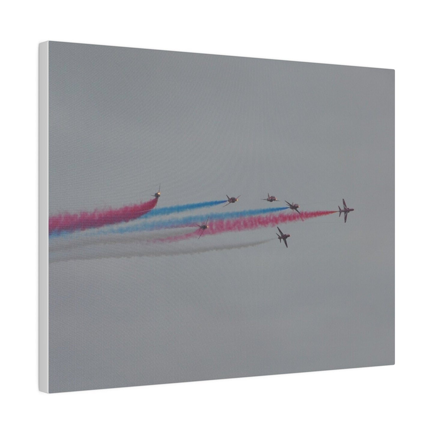 Seven Red Arrows Flying From The Left In Formation With slight Angles And With Blue, White And Red Smoke Close To Each Other, Matte Canvas, Stretched, 0.75" - The Trio Synergize Group