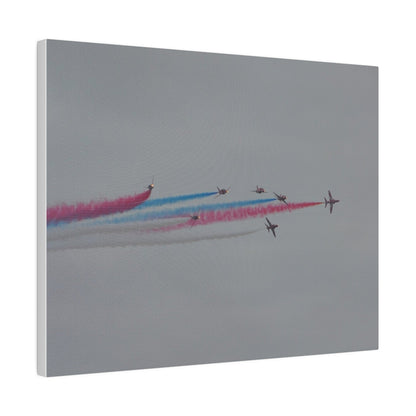 Seven Red Arrows Flying From The Left In Formation With slight Angles And With Blue, White And Red Smoke Close To Each Other, Matte Canvas, Stretched, 0.75" - The Trio Synergize Group