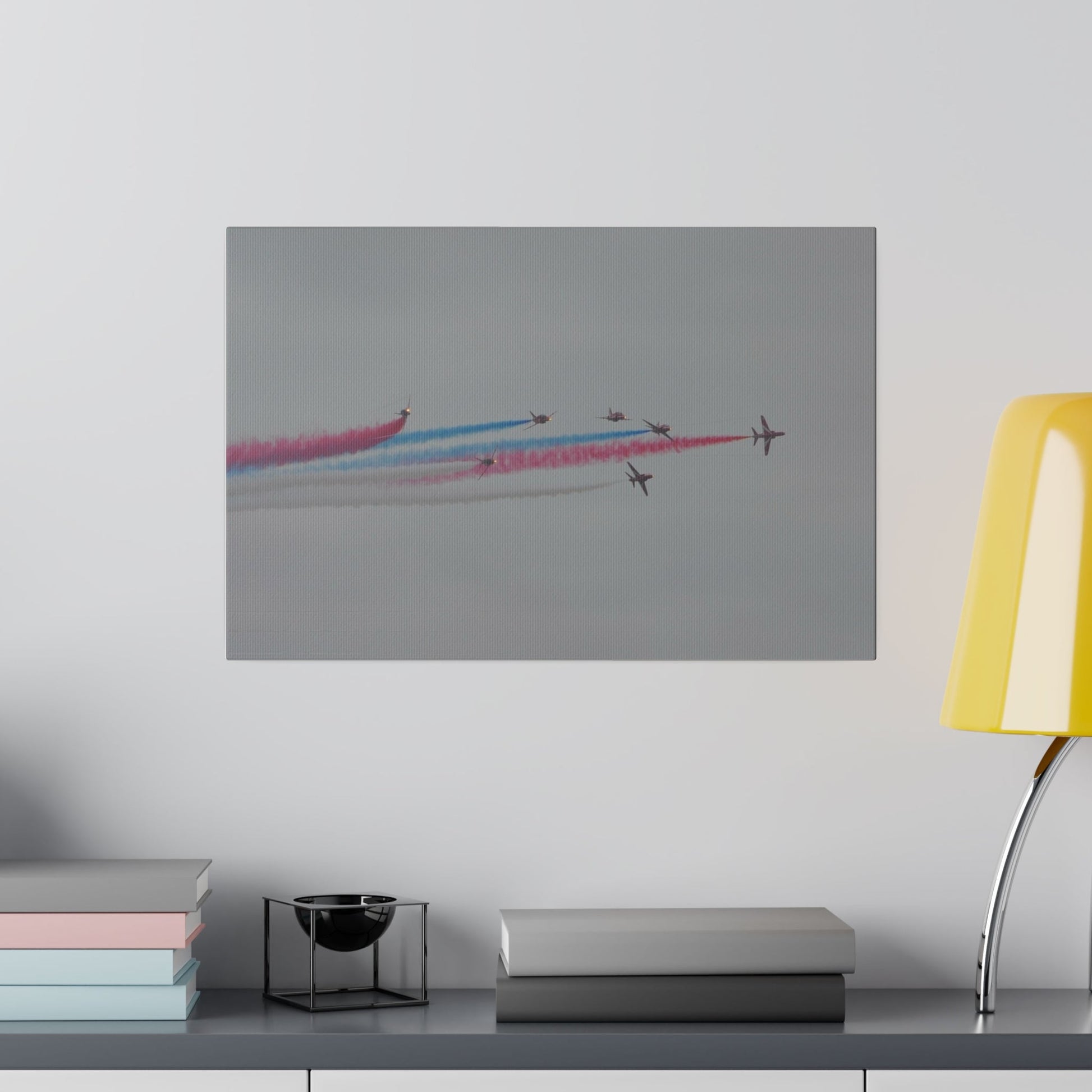 Seven Red Arrows Flying From The Left In Formation With slight Angles And With Blue, White And Red Smoke Close To Each Other, Matte Canvas, Stretched, 0.75" - The Trio Synergize Group
