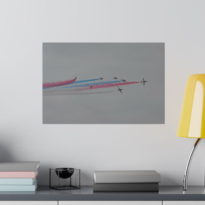Seven Red Arrows Flying From The Left In Formation With slight Angles And With Blue, White And Red Smoke Close To Each Other, Matte Canvas, Stretched, 0.75" - The Trio Synergize Group