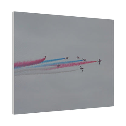 Seven Red Arrows Flying From The Left In Formation With slight Angles And With Blue, White And Red Smoke Close To Each Other, Matte Canvas, Stretched, 0.75" - The Trio Synergize Group
