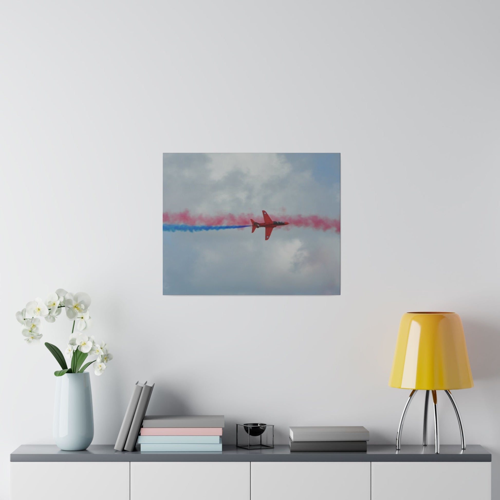 Single Red Arrow Flying From The Left Top View With Blue Smoke, Matte Canvas, Stretched, 0.75" - The Trio Synergize Group