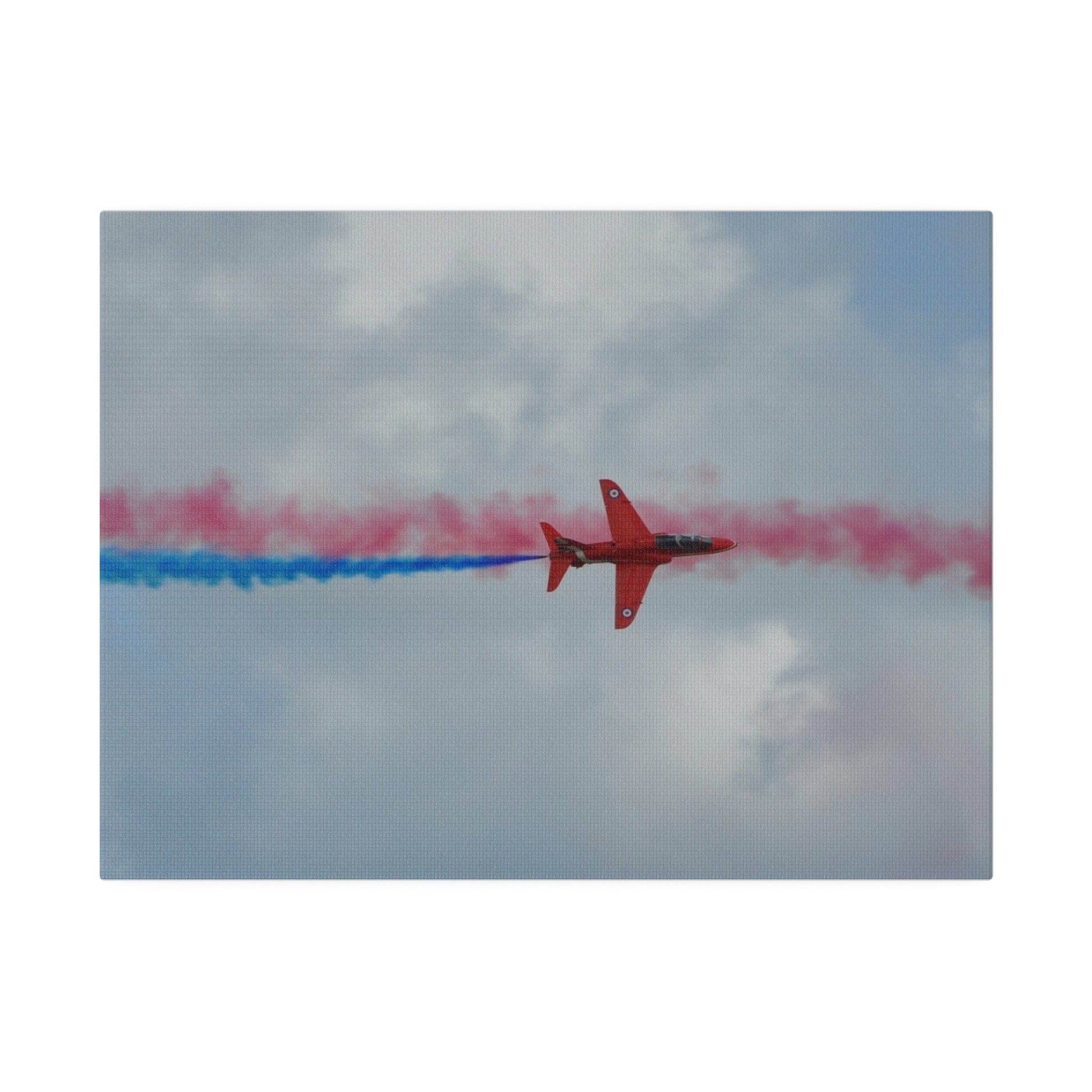 Single Red Arrow Flying From The Left Top View With Blue Smoke, Matte Canvas, Stretched, 0.75" - The Trio Synergize Group