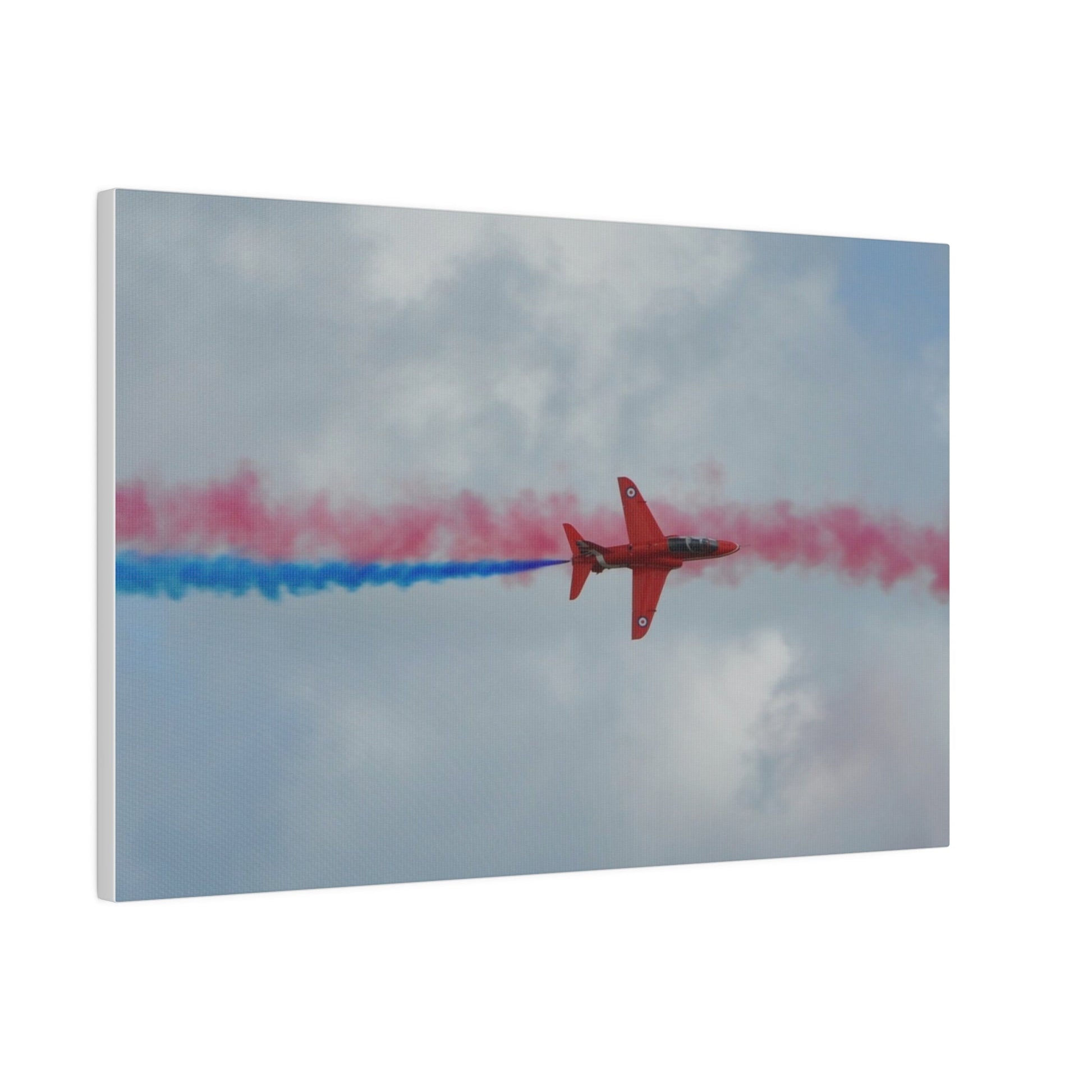 Single Red Arrow Flying From The Left Top View With Blue Smoke, Matte Canvas, Stretched, 0.75" - The Trio Synergize Group