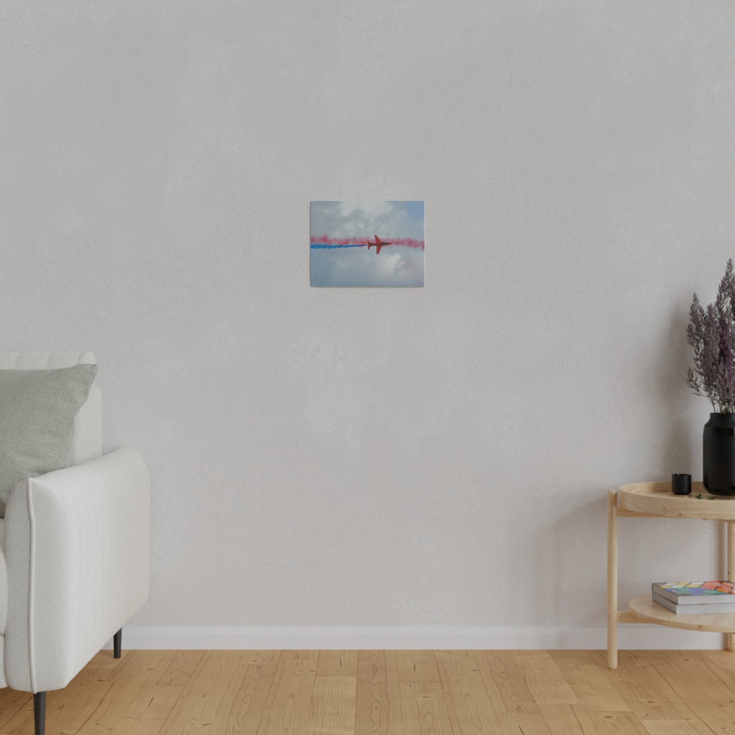 Single Red Arrow Flying From The Left Top View With Blue Smoke, Matte Canvas, Stretched, 0.75" - The Trio Synergize Group