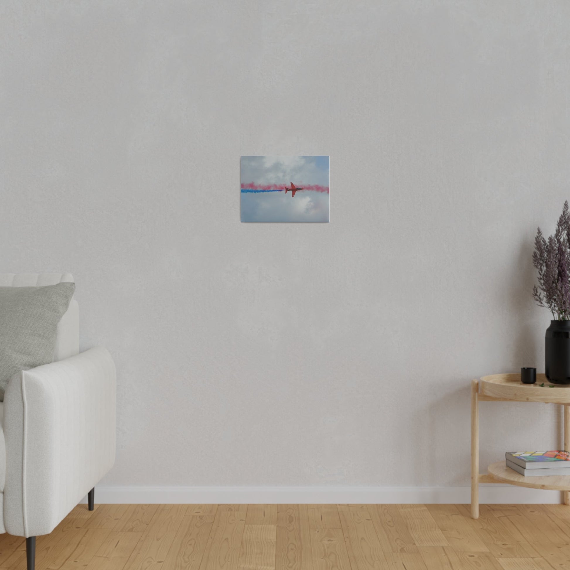 Single Red Arrow Flying From The Left Top View With Blue Smoke, Matte Canvas, Stretched, 0.75" - The Trio Synergize Group