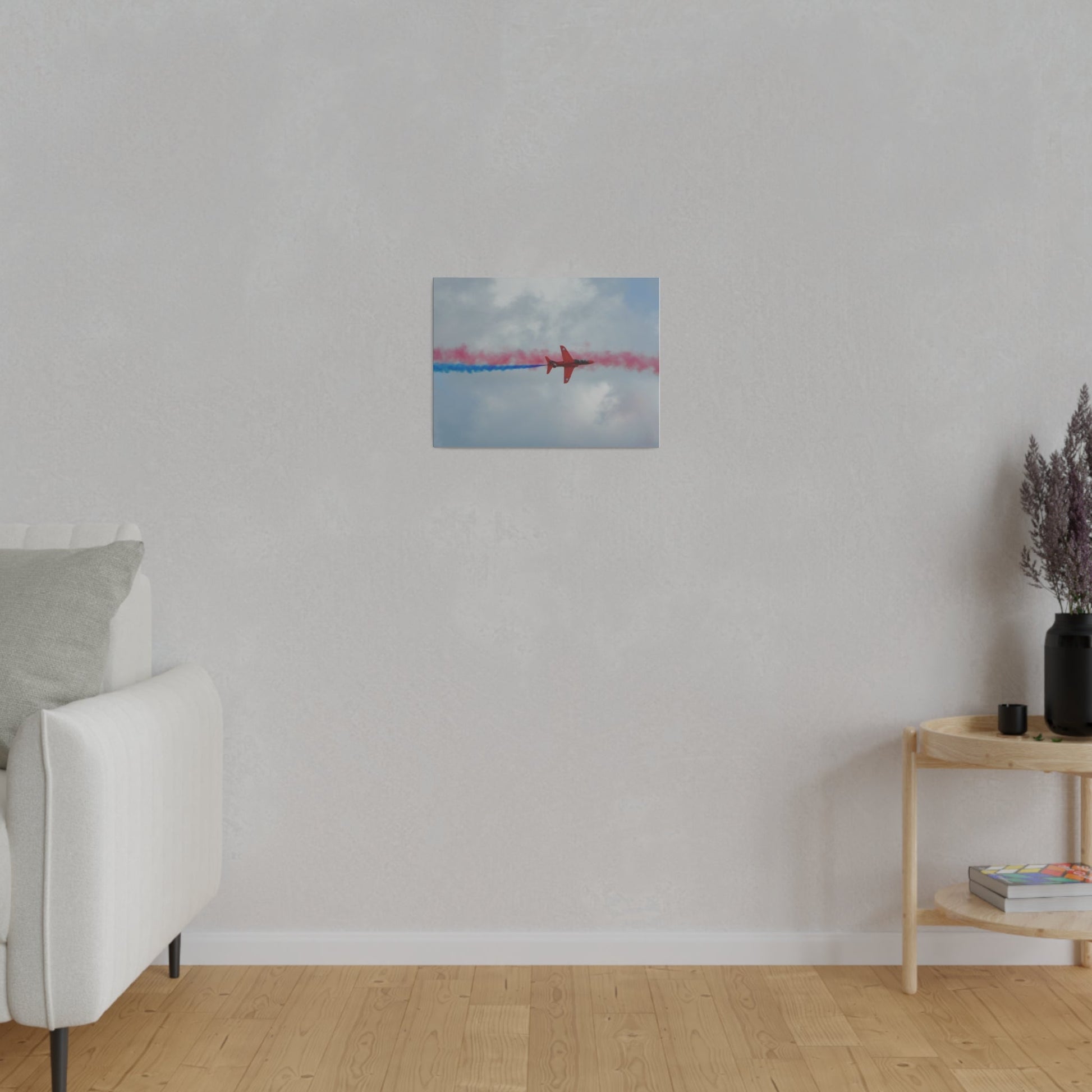 Single Red Arrow Flying From The Left Top View With Blue Smoke, Matte Canvas, Stretched, 0.75" - The Trio Synergize Group