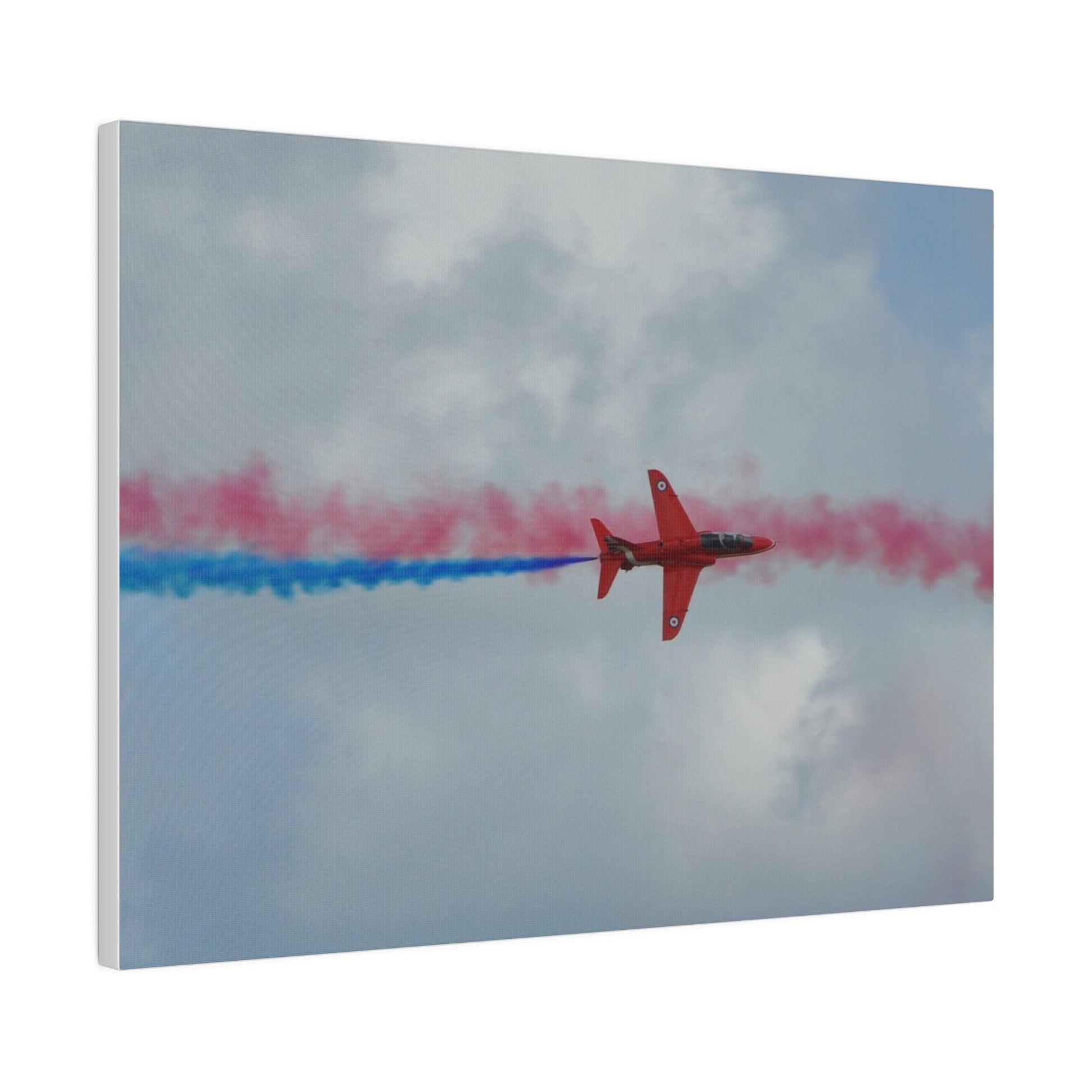 Single Red Arrow Flying From The Left Top View With Blue Smoke, Matte Canvas, Stretched, 0.75" - The Trio Synergize Group