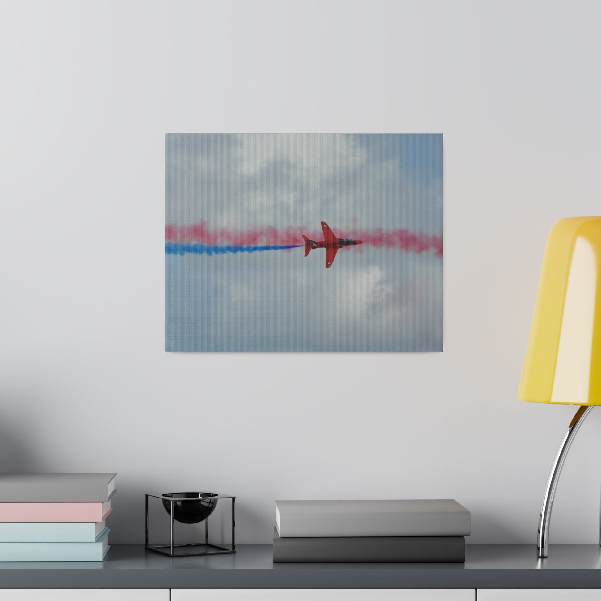 Single Red Arrow Flying From The Left Top View With Blue Smoke, Matte Canvas, Stretched, 0.75" - The Trio Synergize Group