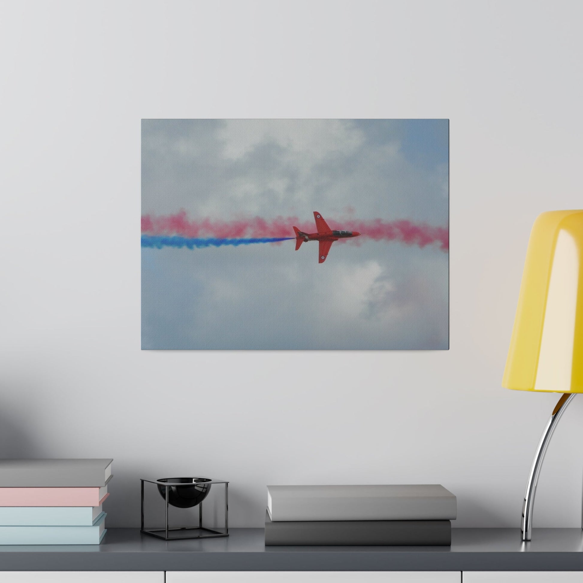 Single Red Arrow Flying From The Left Top View With Blue Smoke, Matte Canvas, Stretched, 0.75" - The Trio Synergize Group
