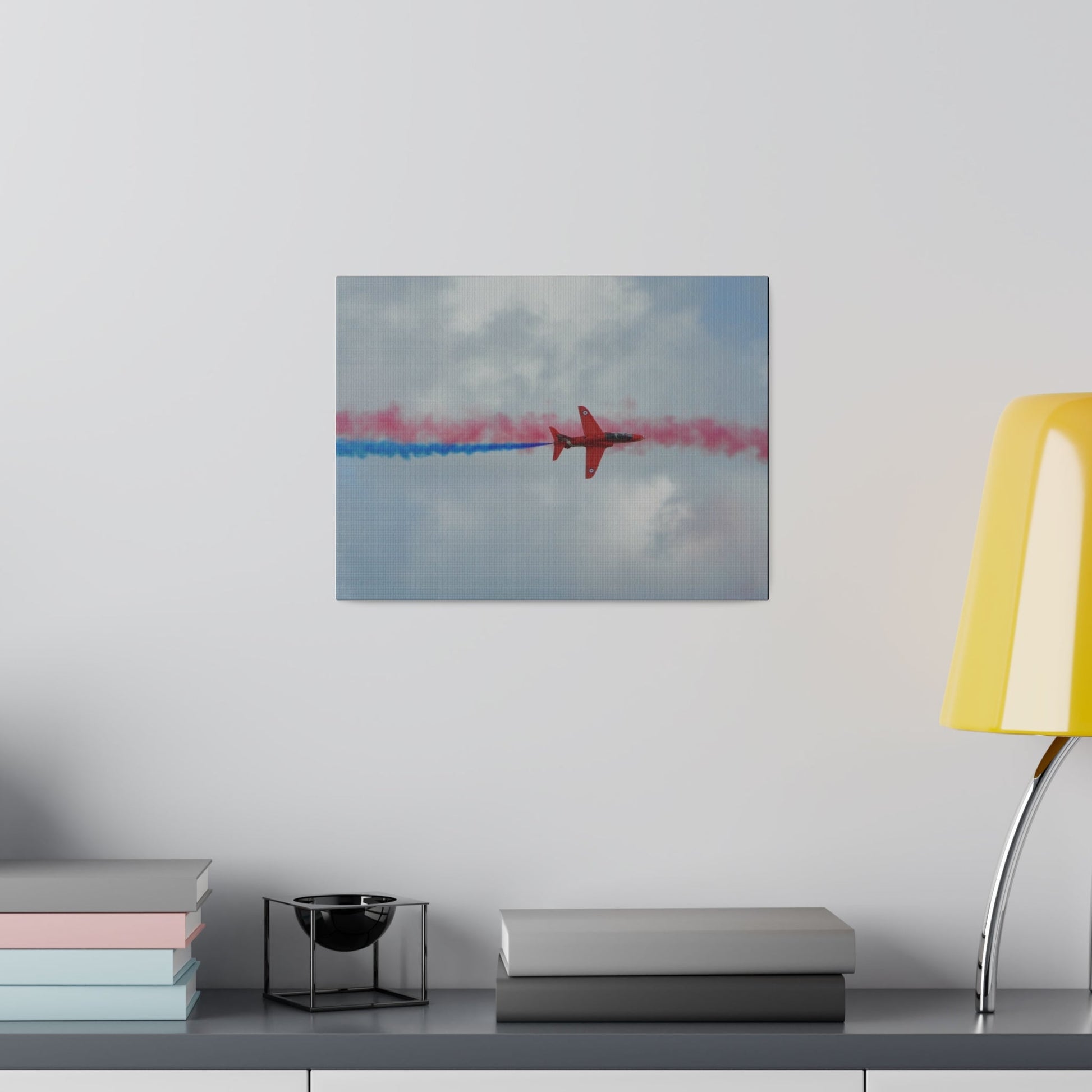Single Red Arrow Flying From The Left Top View With Blue Smoke, Matte Canvas, Stretched, 0.75" - The Trio Synergize Group