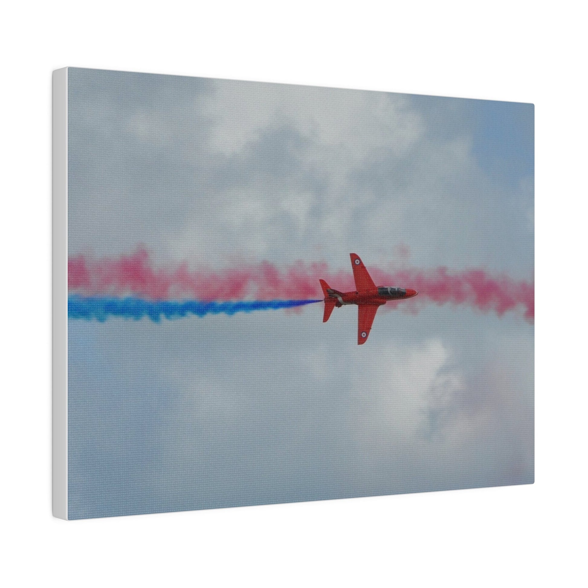 Single Red Arrow Flying From The Left Top View With Blue Smoke, Matte Canvas, Stretched, 0.75" - The Trio Synergize Group