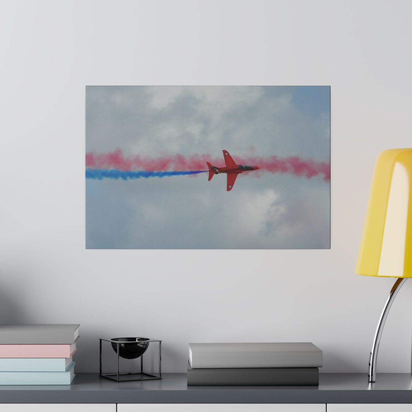 Single Red Arrow Flying From The Left Top View With Blue Smoke, Matte Canvas, Stretched, 0.75" - The Trio Synergize Group
