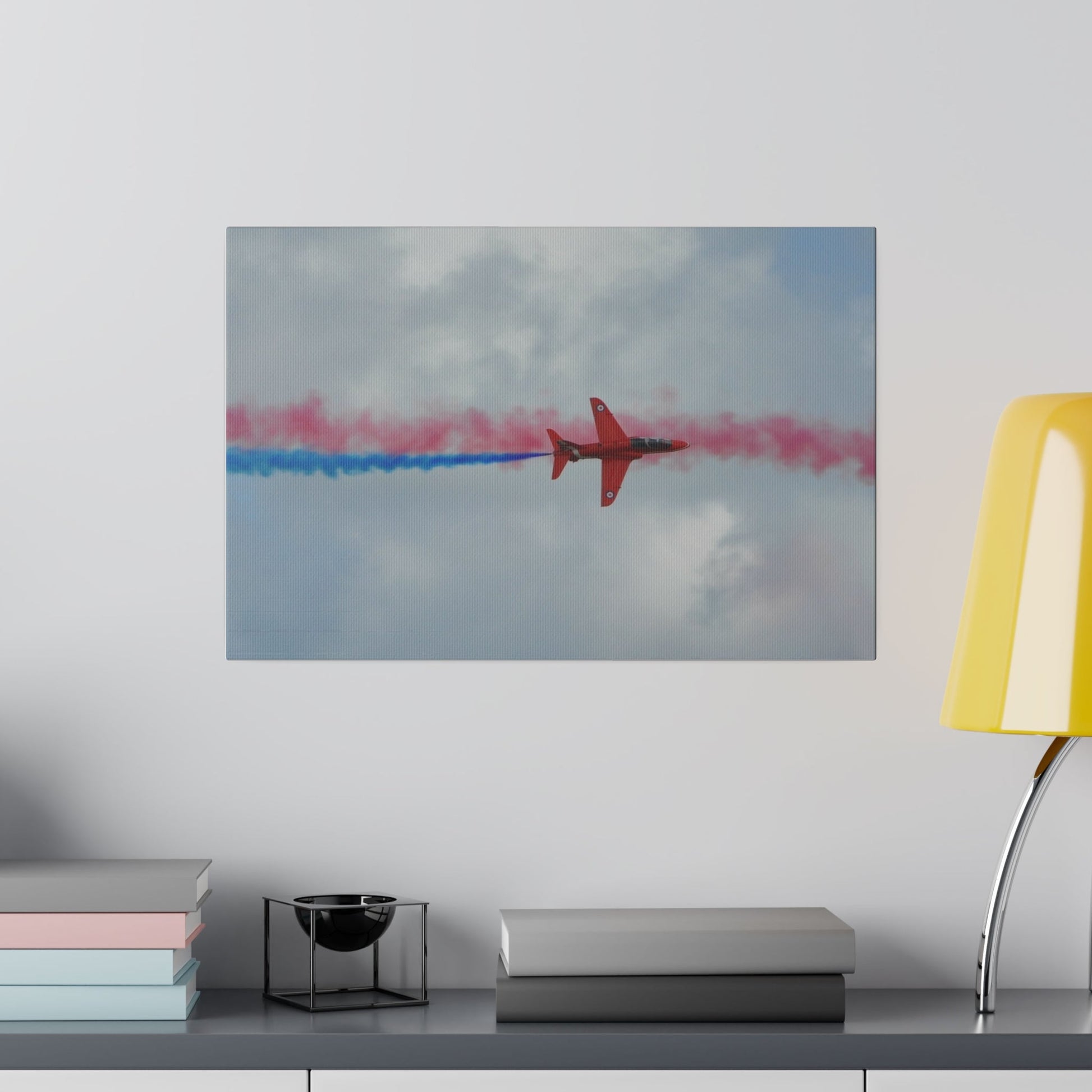 Single Red Arrow Flying From The Left Top View With Blue Smoke, Matte Canvas, Stretched, 0.75" - The Trio Synergize Group
