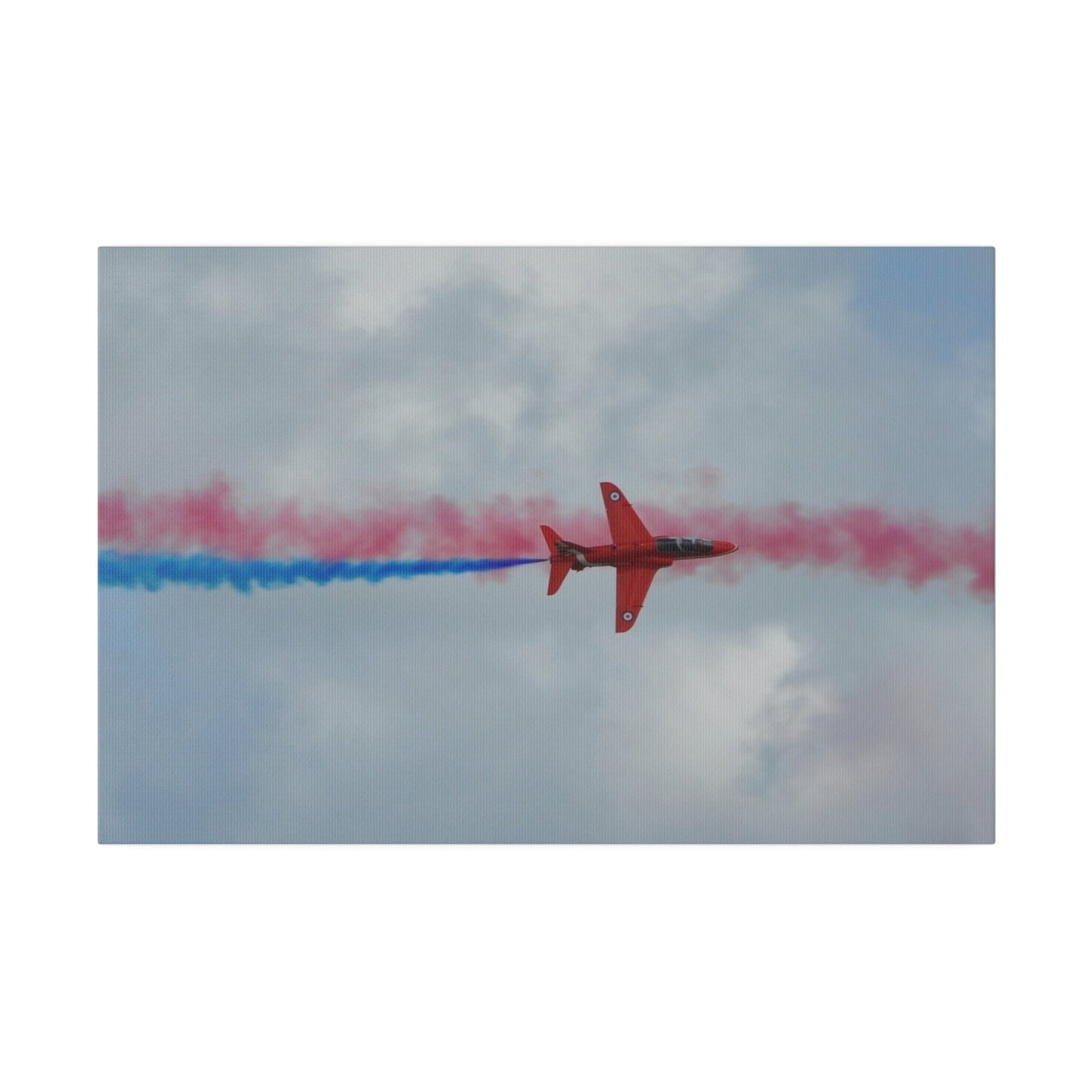 Single Red Arrow Flying From The Left Top View With Blue Smoke, Matte Canvas, Stretched, 0.75" - The Trio Synergize Group