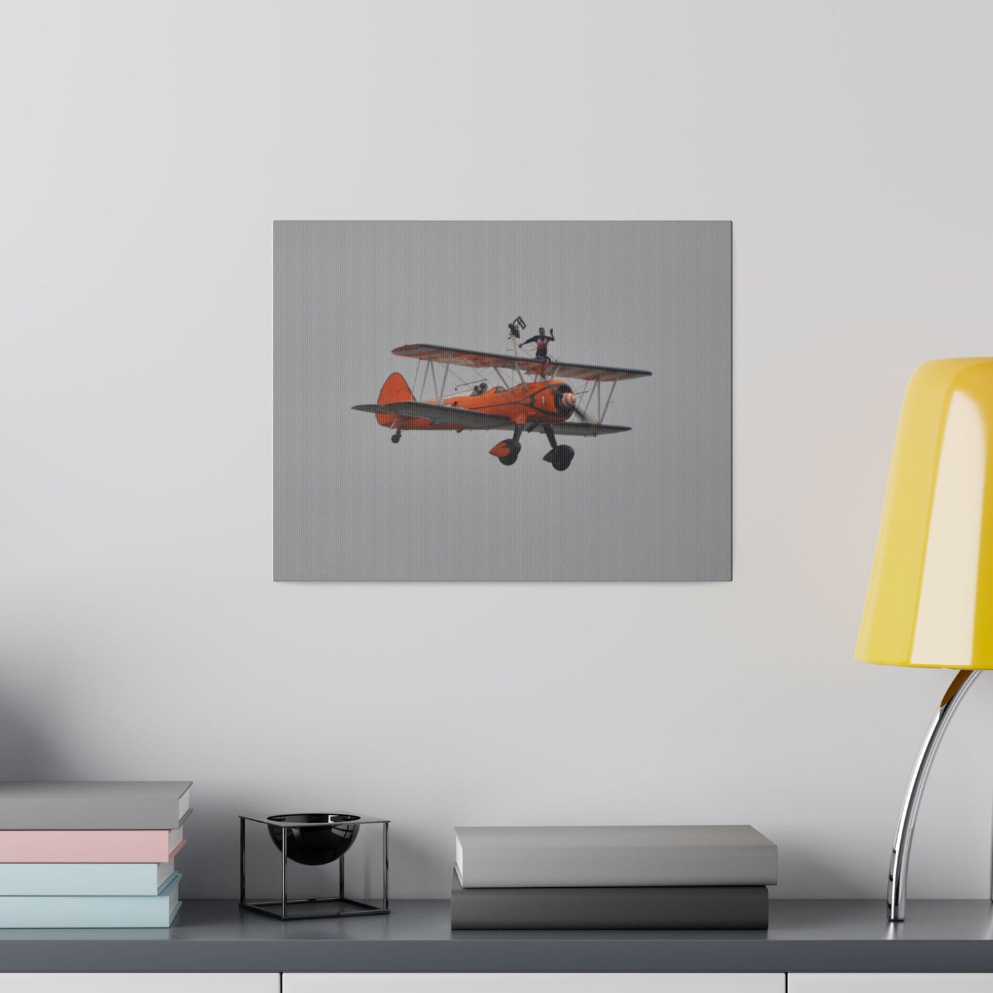 Single Wing Walker Flying From The Left, Front View Much Closer, Person Sitting On The Wing Without The Harness Looking Towards Us, Matte Canvas, Stretched, 0.75" - The Trio Synergize Group