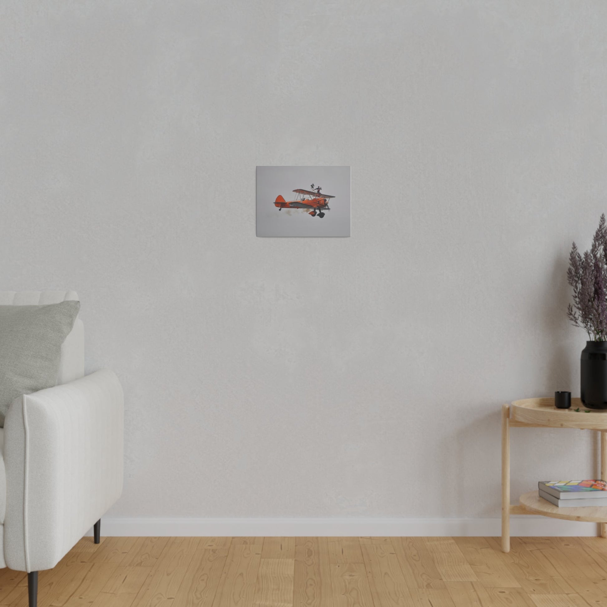 Single Wing Walker Flying From The Left, Front View Much Closer, Person Sitting On The Wing Without The Harness Looking Towards Us With Smoke, Matte Canvas, Stretched, 0.75" - The Trio Synergize Group