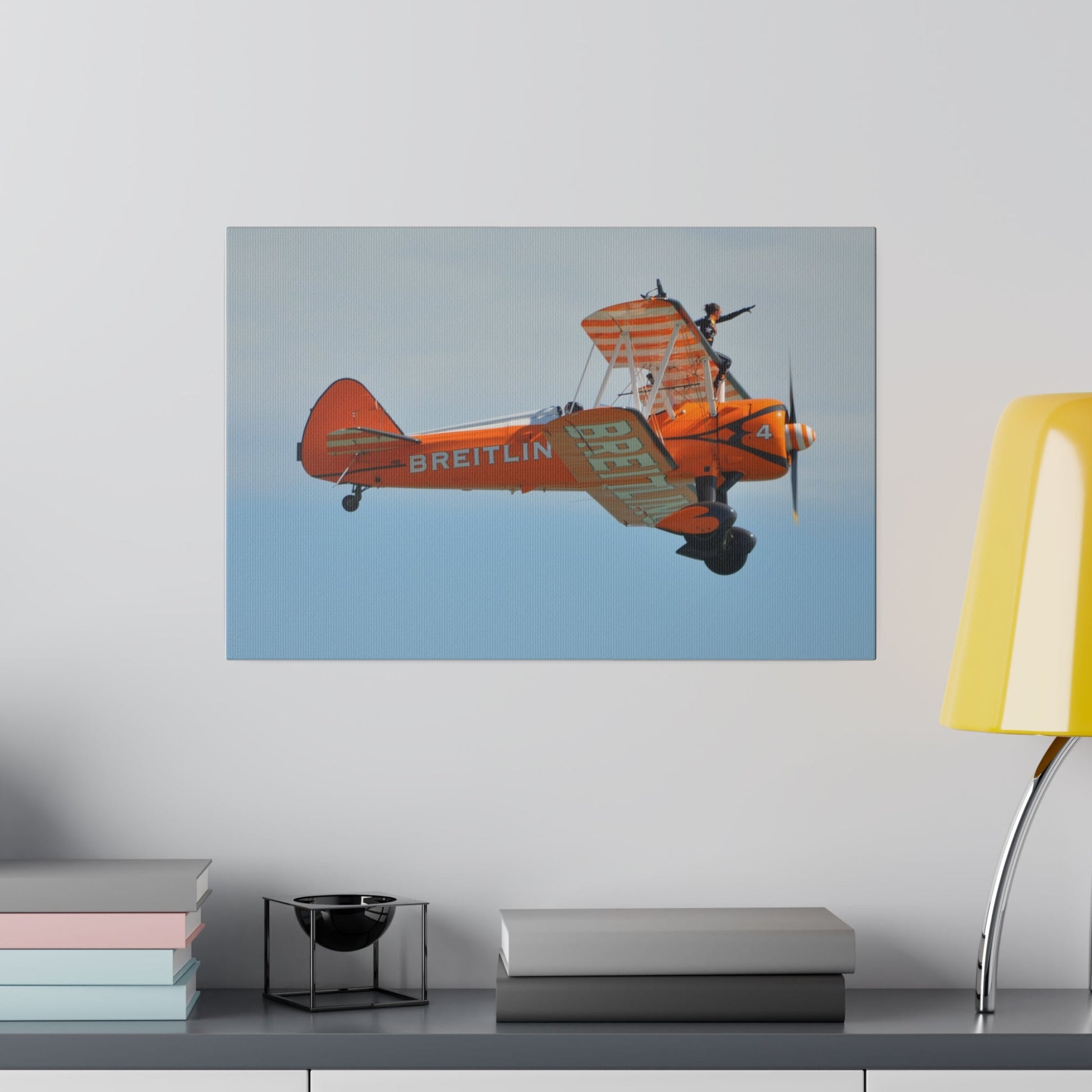 Single Wing Walker Flying From The Left Side View, With The Person Sitting On The Wing Reaching Out, Very Close Up, Matte Canvas, Stretched, 0.75" - The Trio Synergize Group