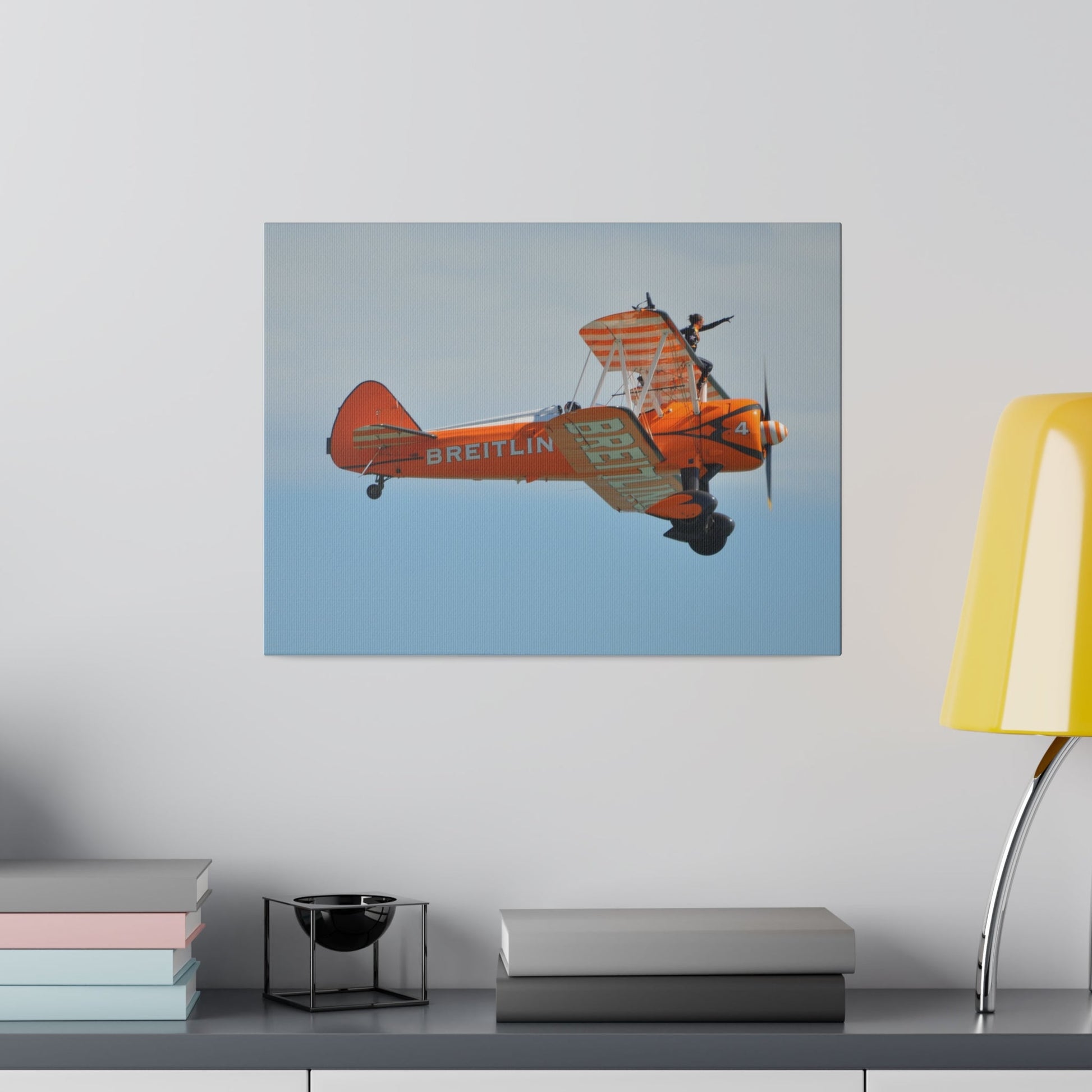 Single Wing Walker Flying From The Left Side View, With The Person Sitting On The Wing Reaching Out, Very Close Up, Matte Canvas, Stretched, 0.75" - The Trio Synergize Group