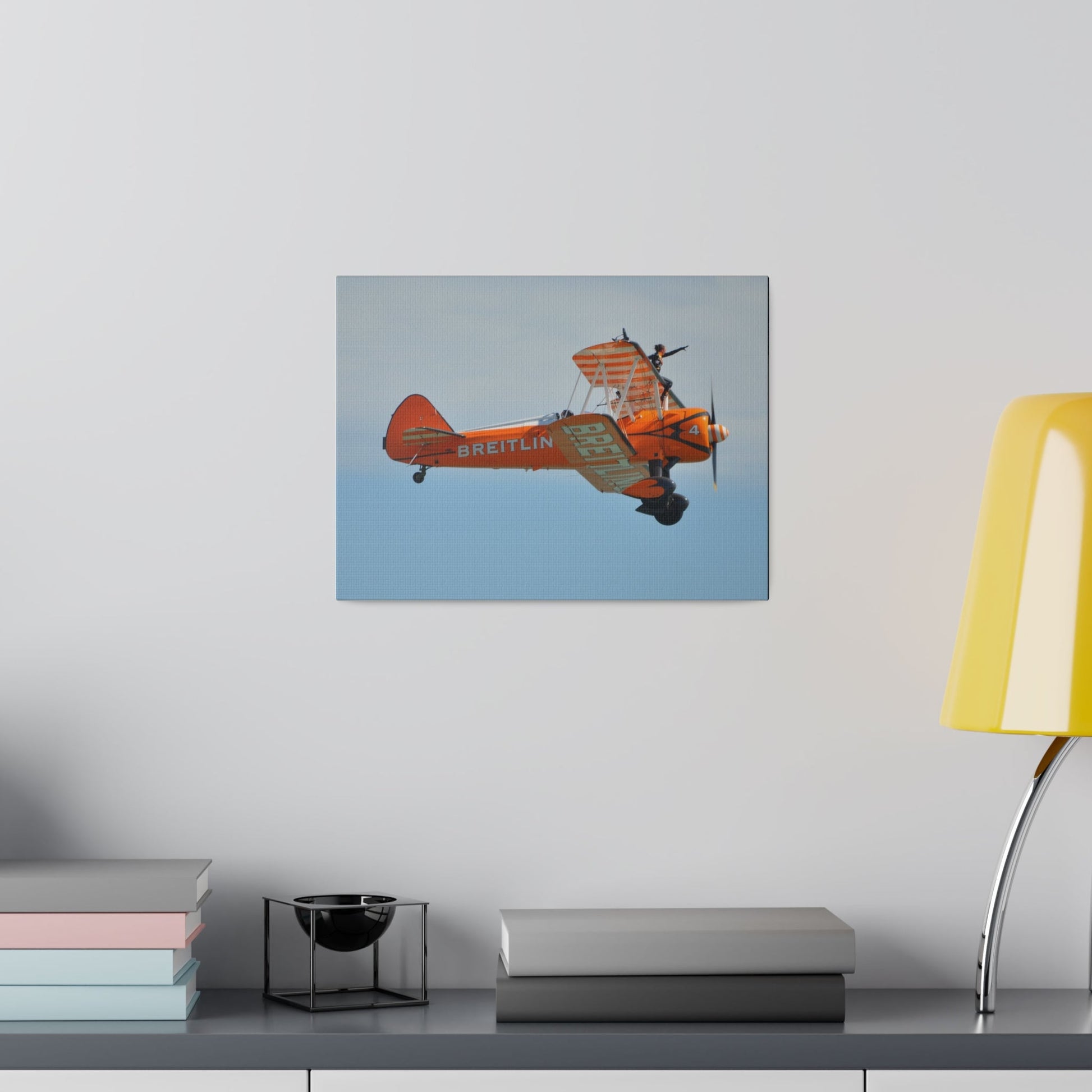Single Wing Walker Flying From The Left Side View, With The Person Sitting On The Wing Reaching Out, Very Close Up, Matte Canvas, Stretched, 0.75" - The Trio Synergize Group