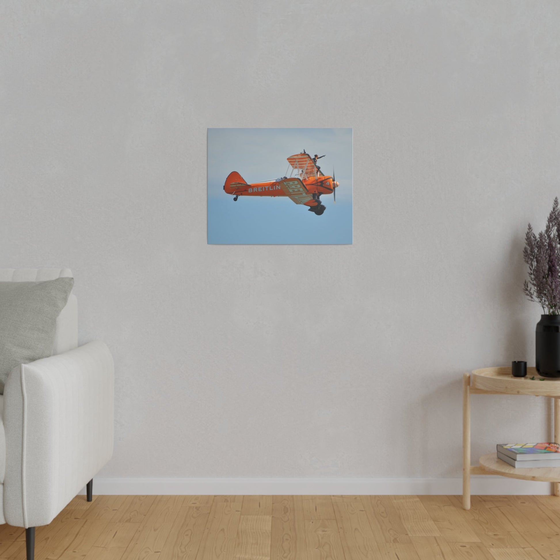 Single Wing Walker Flying From The Left Side View, With The Person Sitting On The Wing Reaching Out, Very Close Up, Matte Canvas, Stretched, 0.75" - The Trio Synergize Group