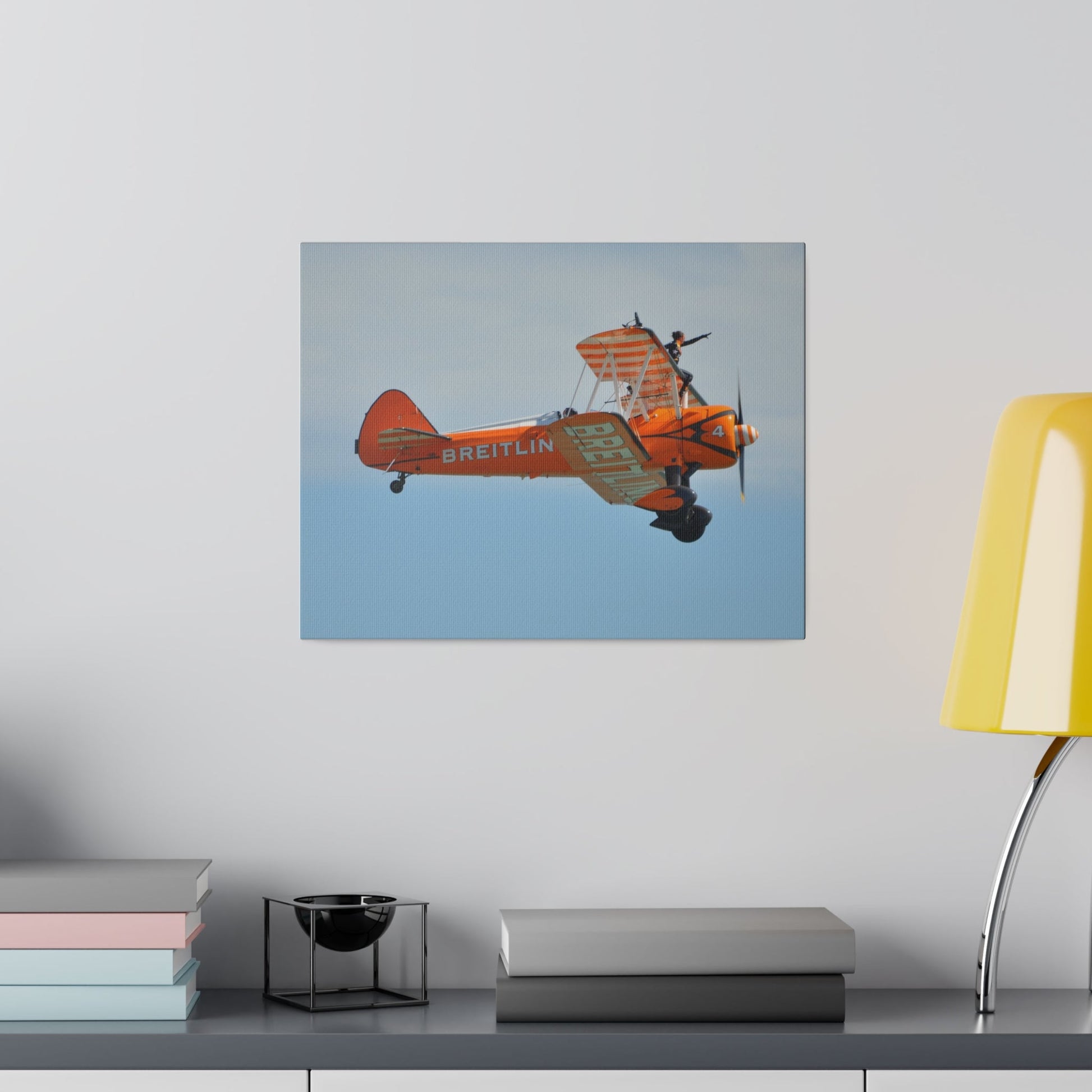 Single Wing Walker Flying From The Left Side View, With The Person Sitting On The Wing Reaching Out, Very Close Up, Matte Canvas, Stretched, 0.75" - The Trio Synergize Group