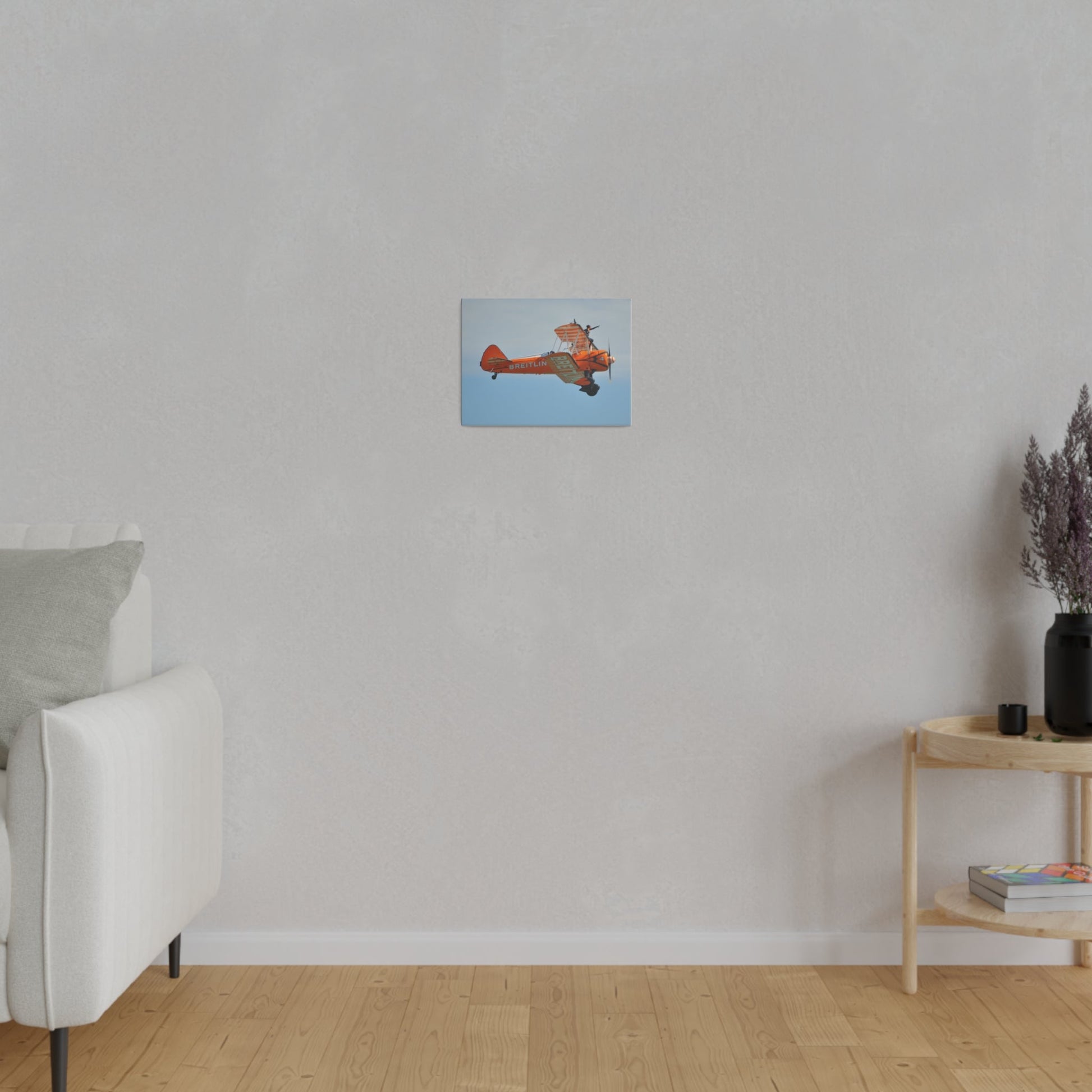 Single Wing Walker Flying From The Left Side View, With The Person Sitting On The Wing Reaching Out, Very Close Up, Matte Canvas, Stretched, 0.75" - The Trio Synergize Group