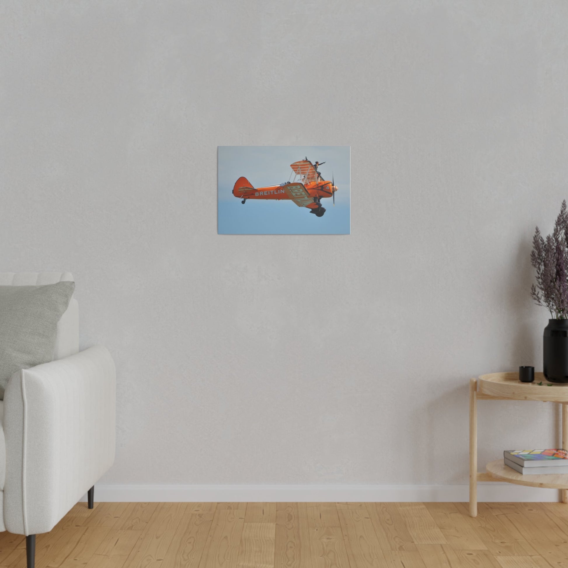 Single Wing Walker Flying From The Left Side View, With The Person Sitting On The Wing Reaching Out, Very Close Up, Matte Canvas, Stretched, 0.75" - The Trio Synergize Group
