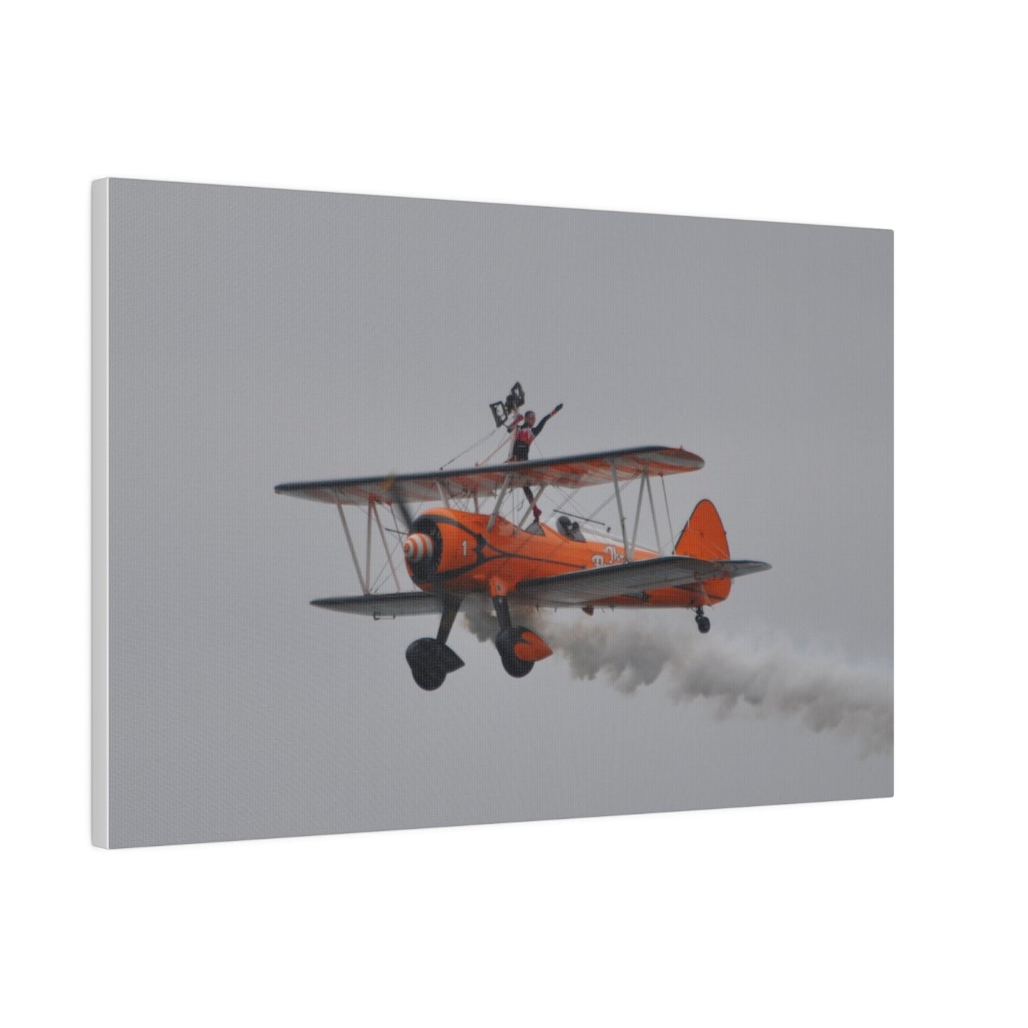 Single Wing Walker Flying From The Right, Front Side View Much Closer Up, Person Standing Without The Harness With Left Arm Out, With Smoke, Matte Canvas, Stretched, 0.75" - The Trio Synergize Group