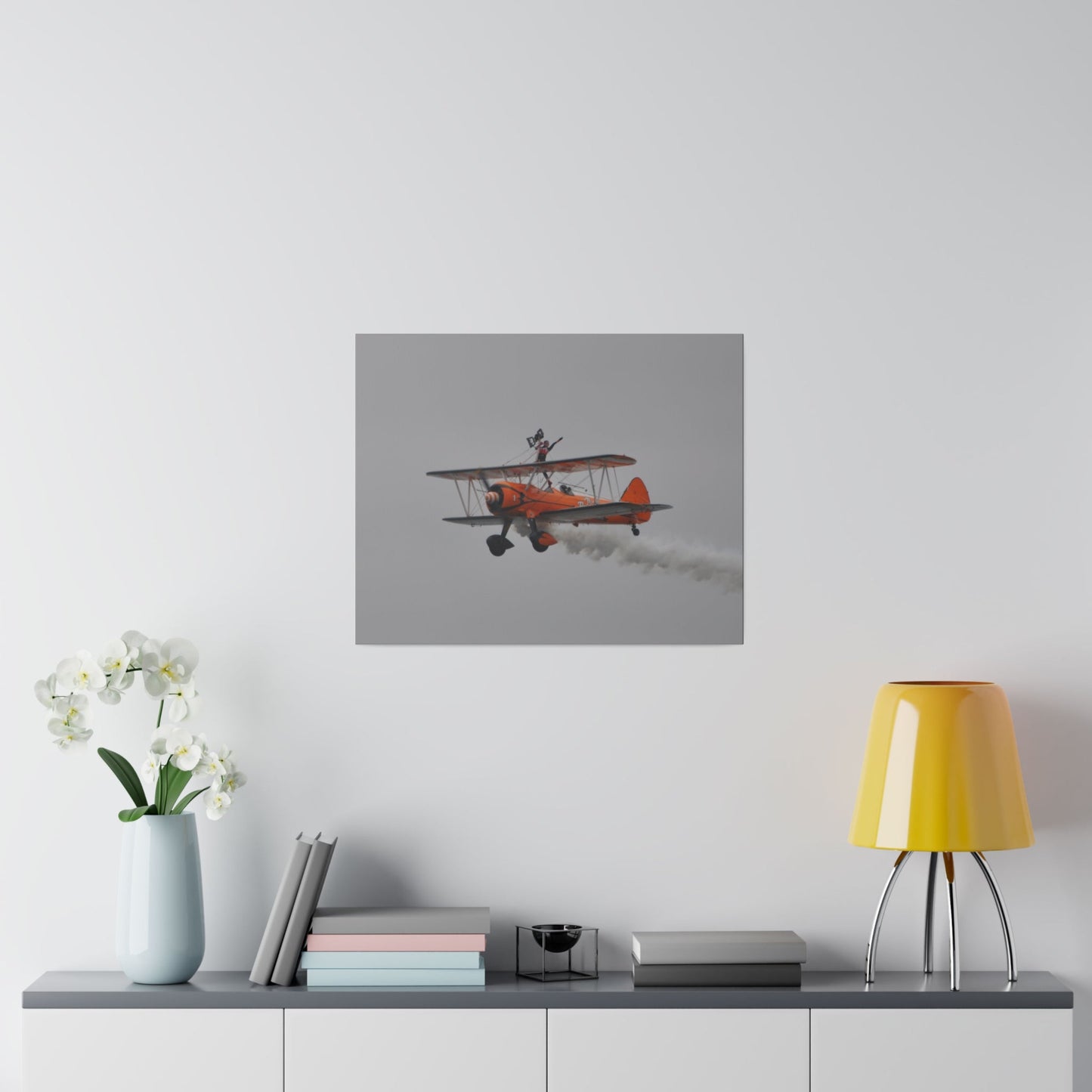 Single Wing Walker Flying From The Right, Front Side View Much Closer Up, Person Standing Without The Harness With Left Arm Out, With Smoke, Matte Canvas, Stretched, 0.75" - The Trio Synergize Group