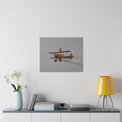 Single Wing Walker Flying From The Right, Front Side View Much Closer Up, Person Standing Without The Harness With Left Arm Out, With Smoke, Matte Canvas, Stretched, 0.75" - The Trio Synergize Group