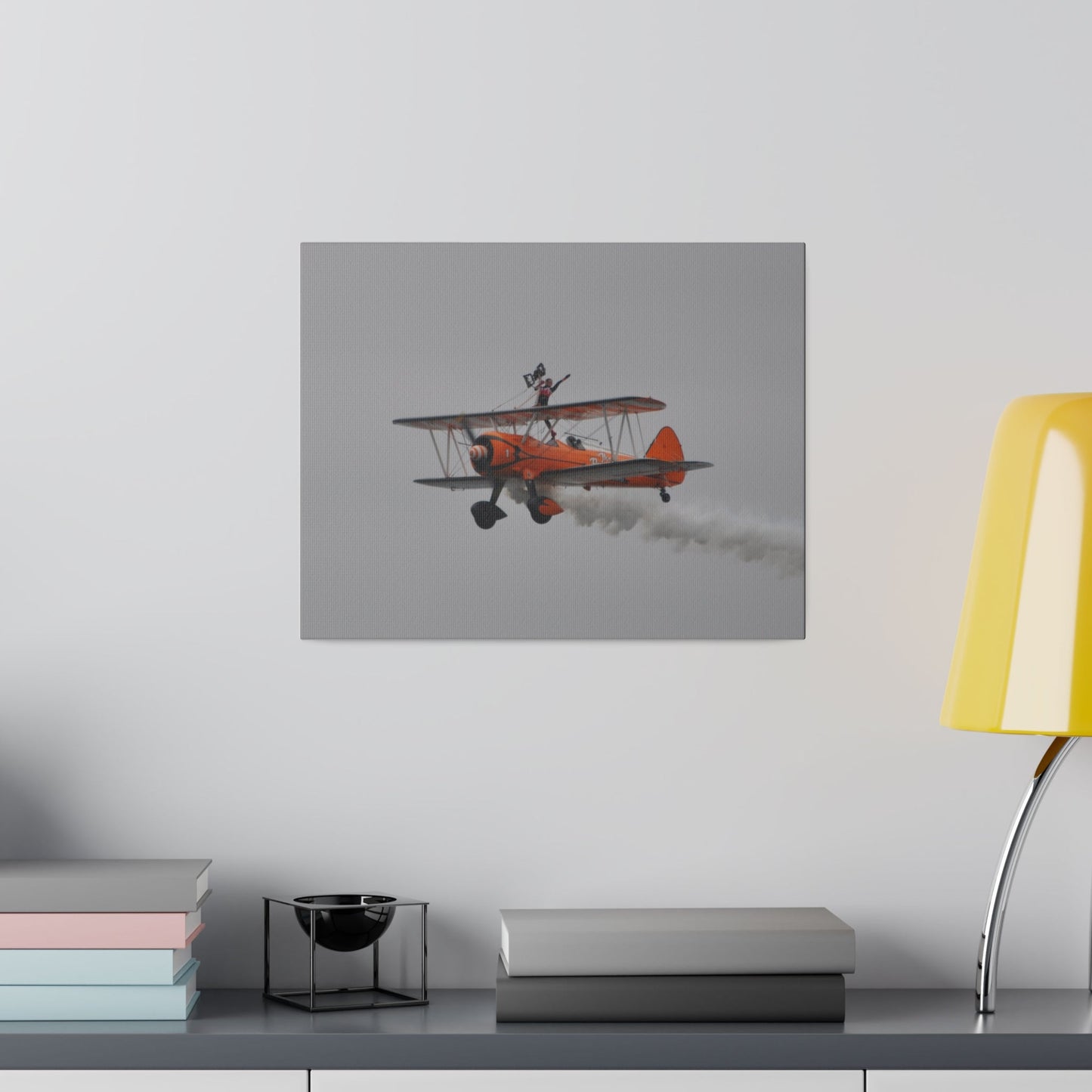 Single Wing Walker Flying From The Right, Front Side View Much Closer Up, Person Standing Without The Harness With Left Arm Out, With Smoke, Matte Canvas, Stretched, 0.75" - The Trio Synergize Group