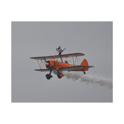 Single Wing Walker Flying From The Right, Front Side View Much Closer Up, Person Standing Without The Harness With Left Arm Out, With Smoke, Matte Canvas, Stretched, 0.75" - The Trio Synergize Group