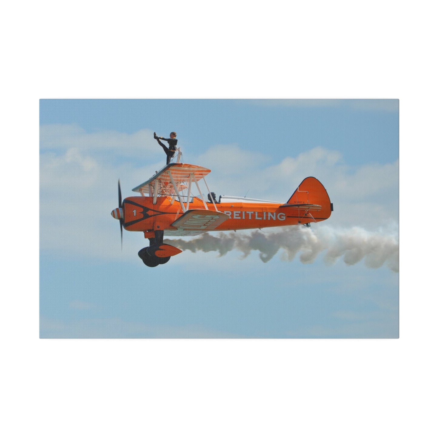 Single Wing Walker Flying From The Right Side View With Smoke, With The Person Lifting Left Leg Up, Very Close Up, Matte Canvas, Stretched, 0.75" - The Trio Synergize Group