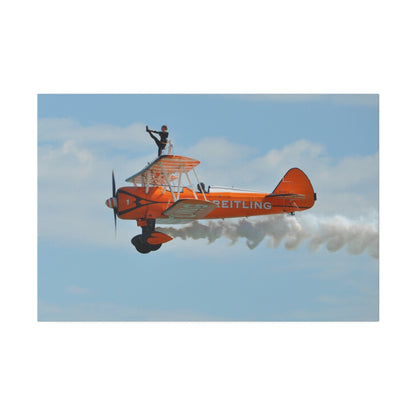 Single Wing Walker Flying From The Right Side View With Smoke, With The Person Lifting Left Leg Up, Very Close Up, Matte Canvas, Stretched, 0.75" - The Trio Synergize Group