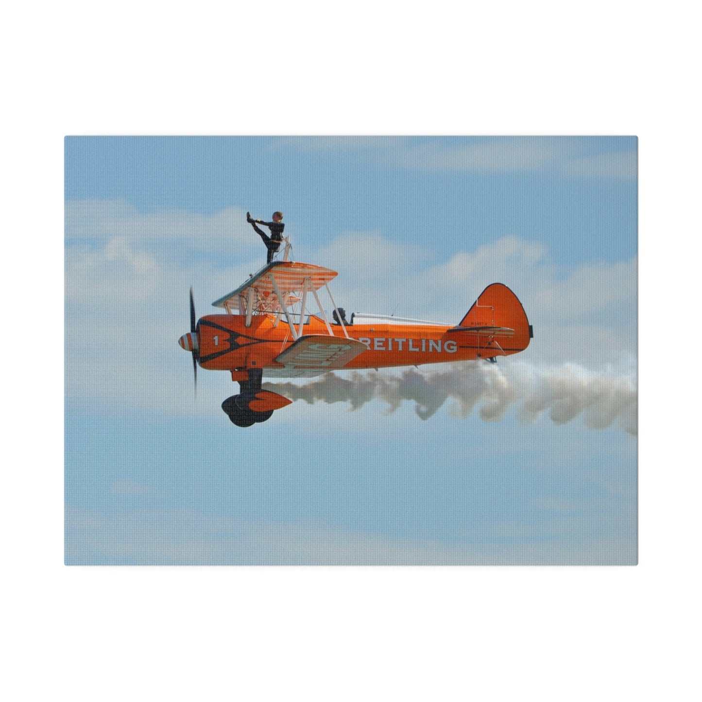 Single Wing Walker Flying From The Right Side View With Smoke, With The Person Lifting Left Leg Up, Very Close Up, Matte Canvas, Stretched, 0.75" - The Trio Synergize Group