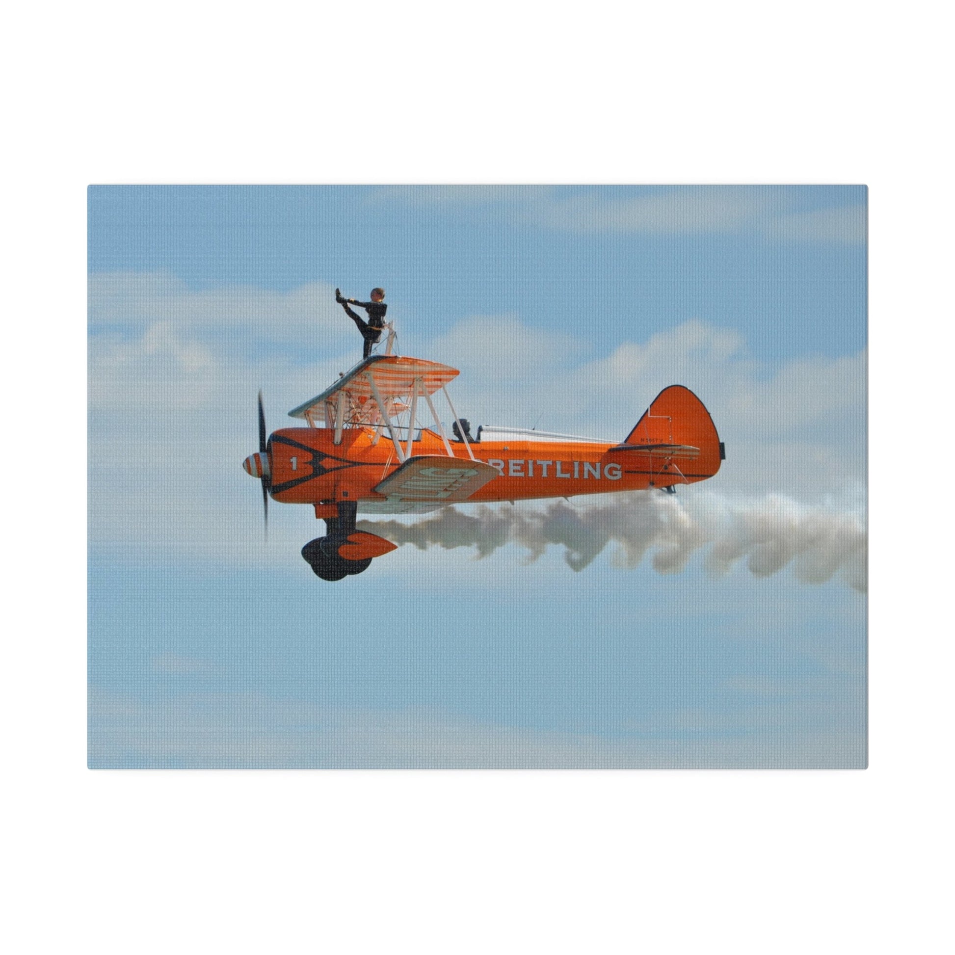 Single Wing Walker Flying From The Right Side View With Smoke, With The Person Lifting Left Leg Up, Very Close Up, Matte Canvas, Stretched, 0.75" - The Trio Synergize Group