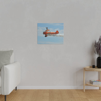 Single Wing Walker Flying From The Right Side View With Smoke, With The Person Lifting Left Leg Up, Very Close Up, Matte Canvas, Stretched, 0.75" - The Trio Synergize Group