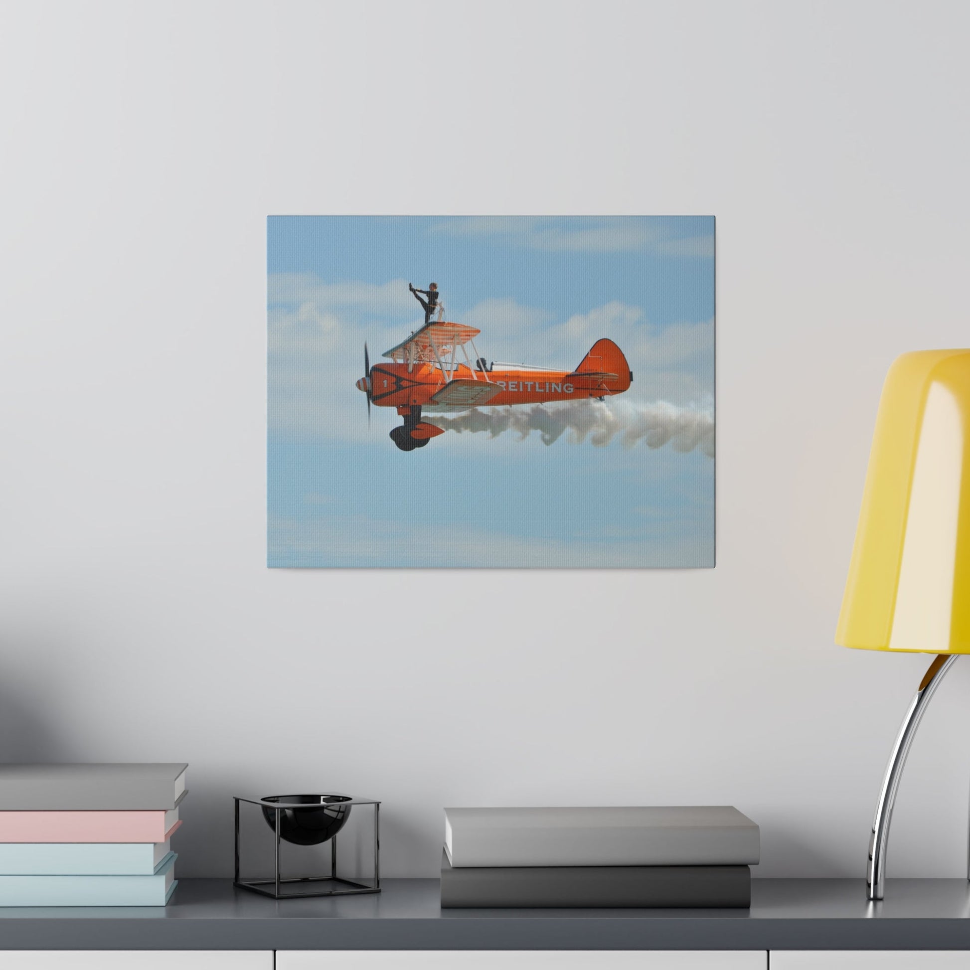 Single Wing Walker Flying From The Right Side View With Smoke, With The Person Lifting Left Leg Up, Very Close Up, Matte Canvas, Stretched, 0.75" - The Trio Synergize Group