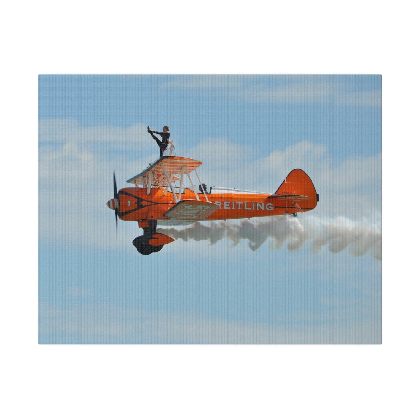 Single Wing Walker Flying From The Right Side View With Smoke, With The Person Lifting Left Leg Up, Very Close Up, Matte Canvas, Stretched, 0.75" - The Trio Synergize Group