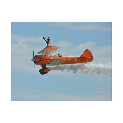 Single Wing Walker Flying From The Right Side View With Smoke, With The Person Lifting Left Leg Up, Very Close Up, Matte Canvas, Stretched, 0.75" - The Trio Synergize Group