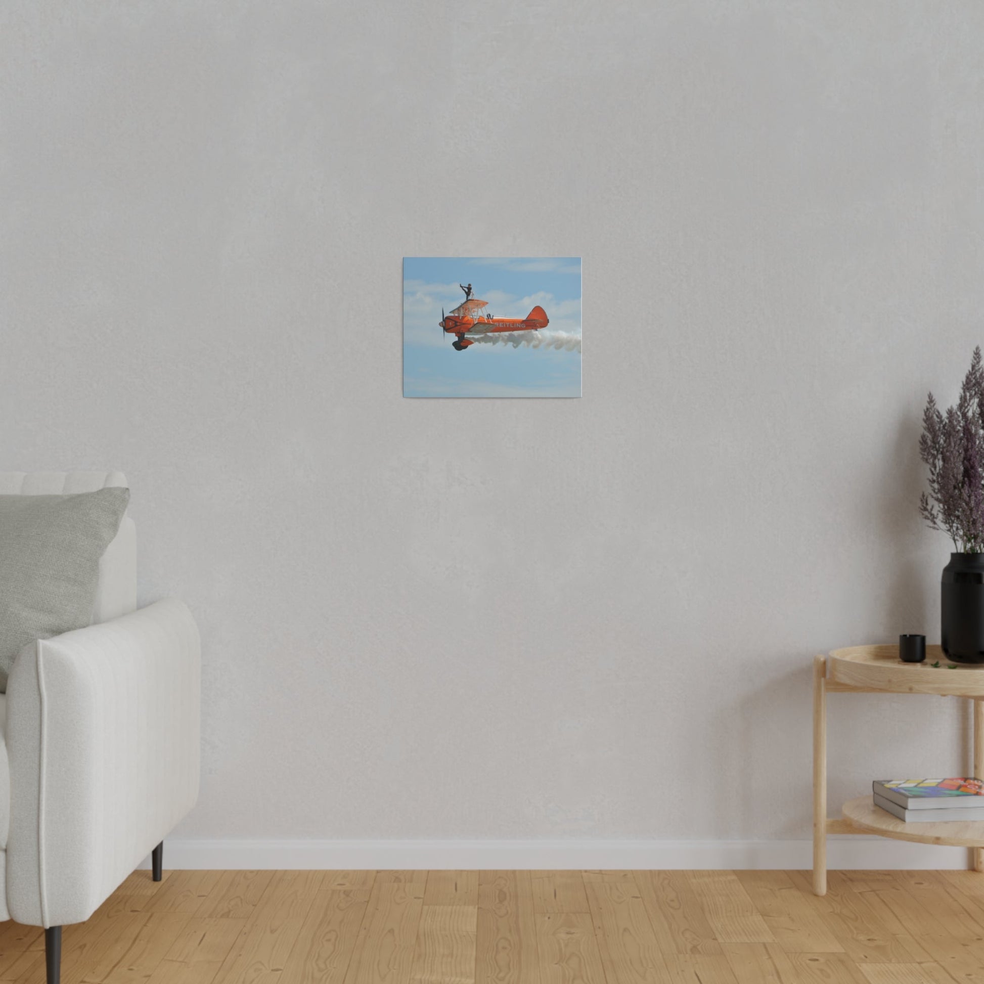 Single Wing Walker Flying From The Right Side View With Smoke, With The Person Lifting Left Leg Up, Very Close Up, Matte Canvas, Stretched, 0.75" - The Trio Synergize Group