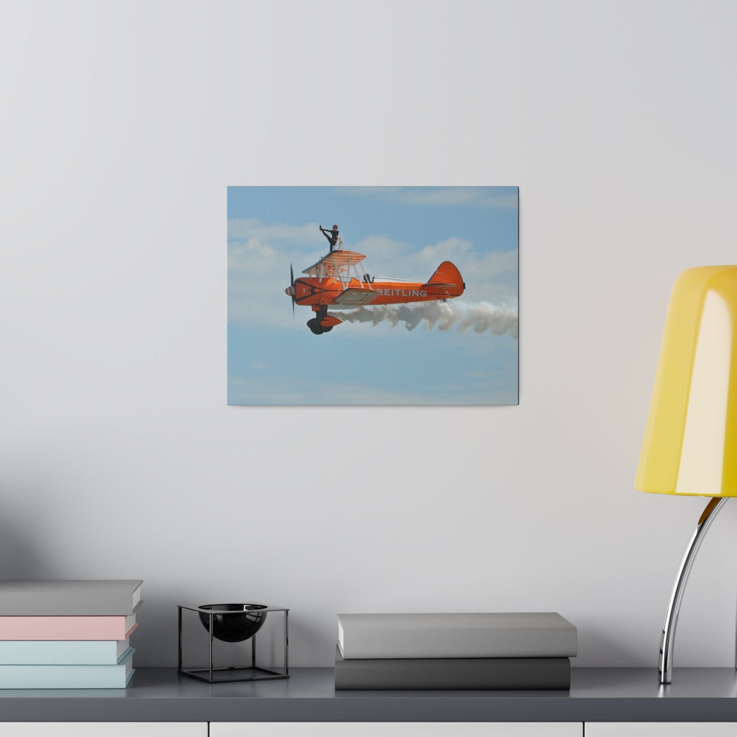 Single Wing Walker Flying From The Right Side View With Smoke, With The Person Lifting Left Leg Up, Very Close Up, Matte Canvas, Stretched, 0.75" - The Trio Synergize Group