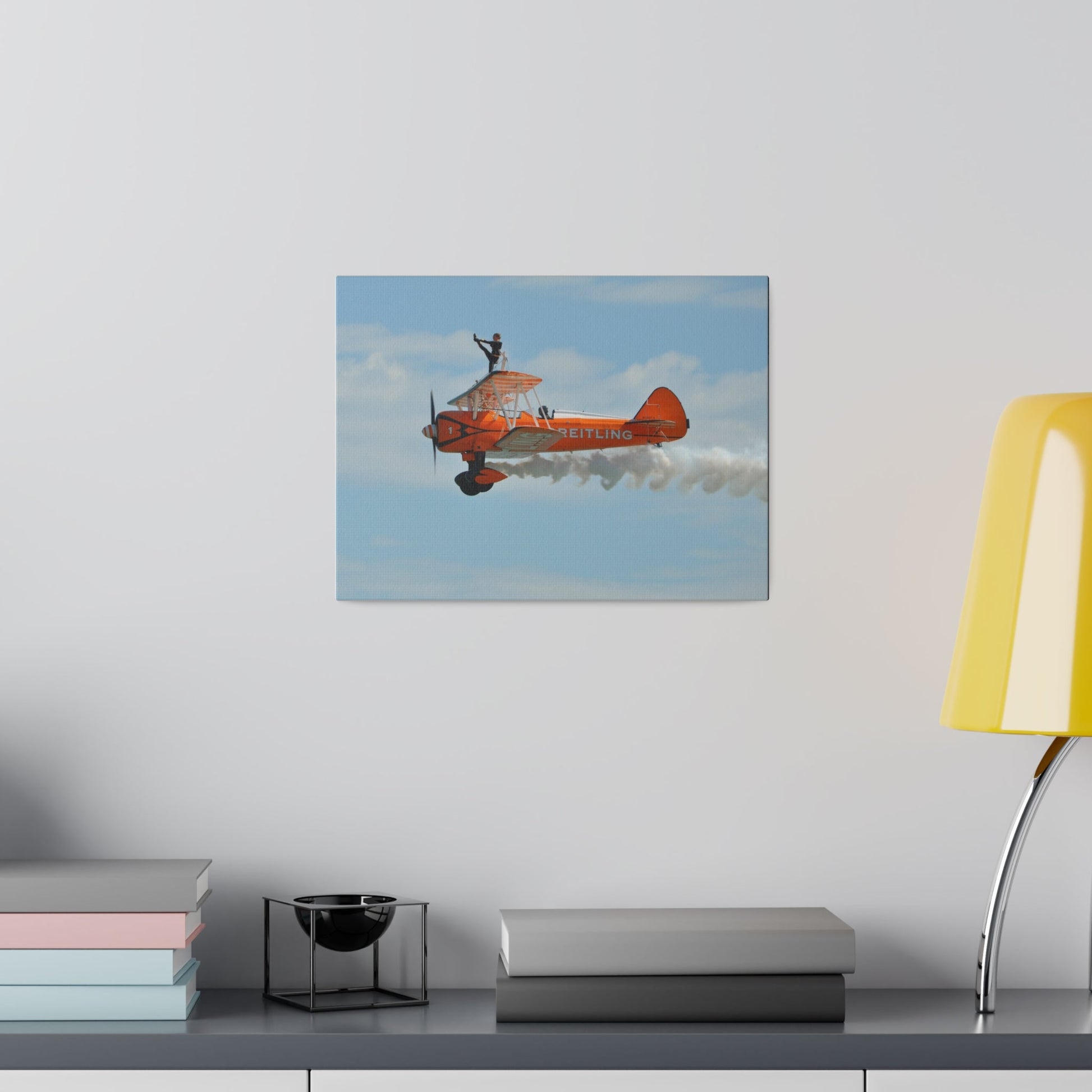 Single Wing Walker Flying From The Right Side View With Smoke, With The Person Lifting Left Leg Up, Very Close Up, Matte Canvas, Stretched, 0.75" - The Trio Synergize Group