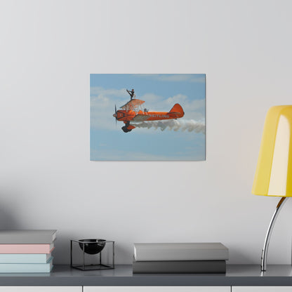 Single Wing Walker Flying From The Right Side View With Smoke, With The Person Lifting Left Leg Up, Very Close Up, Matte Canvas, Stretched, 0.75" - The Trio Synergize Group