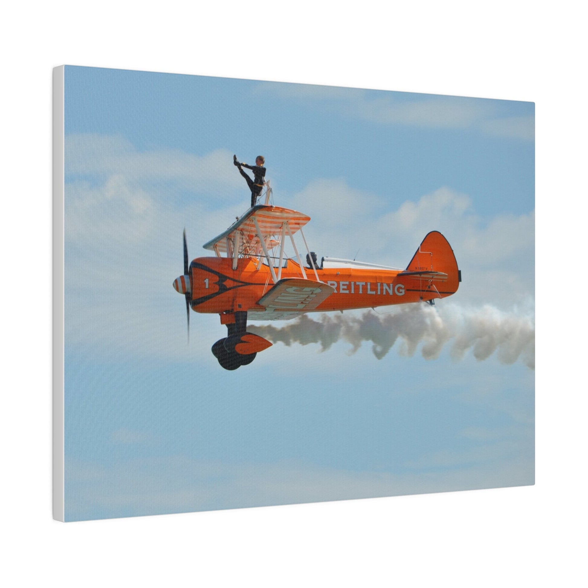 Single Wing Walker Flying From The Right Side View With Smoke, With The Person Lifting Left Leg Up, Very Close Up, Matte Canvas, Stretched, 0.75" - The Trio Synergize Group